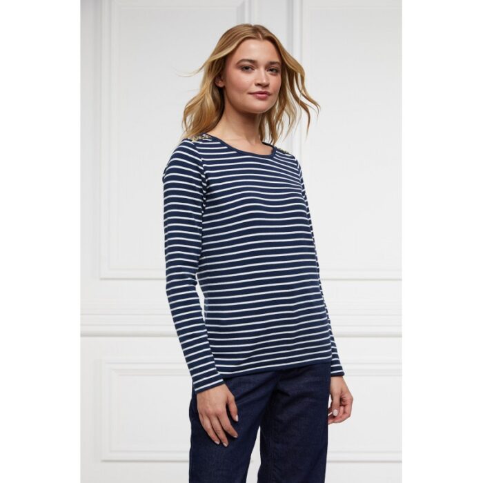 Holland Cooper Padstow Long Sleeve Crew Neck Tee – Ink Navy / Natural Stripe – Ladies Clothing - Crep Direct UK