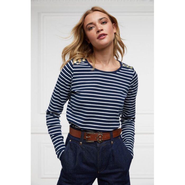 Holland Cooper Padstow Long Sleeve Crew Neck Tee – Ink Navy / Natural Stripe – Ladies Clothing - Crep Direct UK