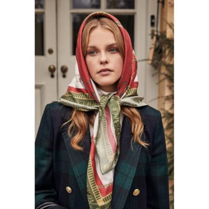 Holland Cooper Regal Horse Silk Scarf – Racing Green Heritage Red – Ladies Clothing - Crep Direct UK