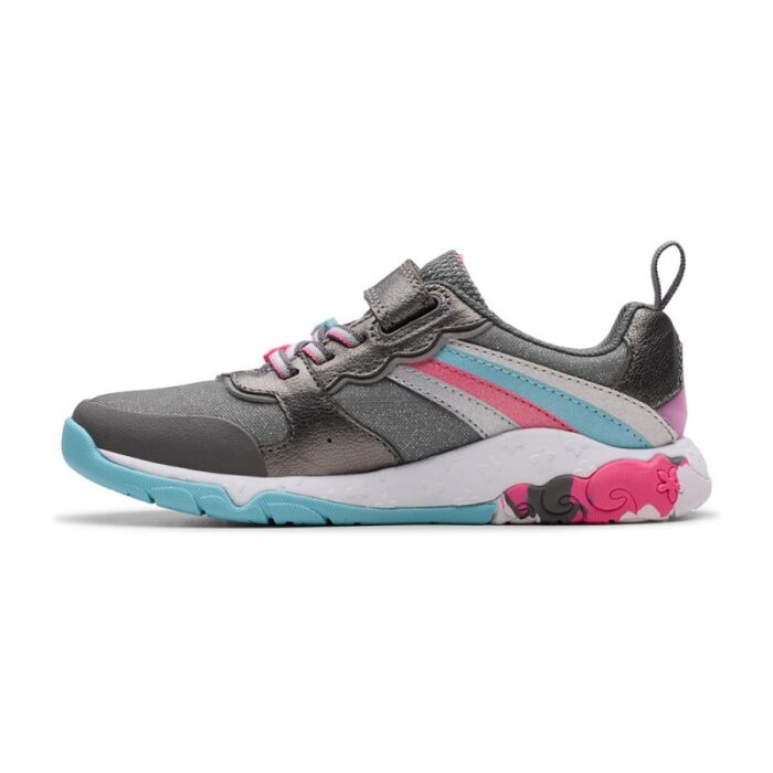 Clarks Tidal Star Kids Trainers – Gun Metal Leather – Girls Shoes - Crep Direct UK