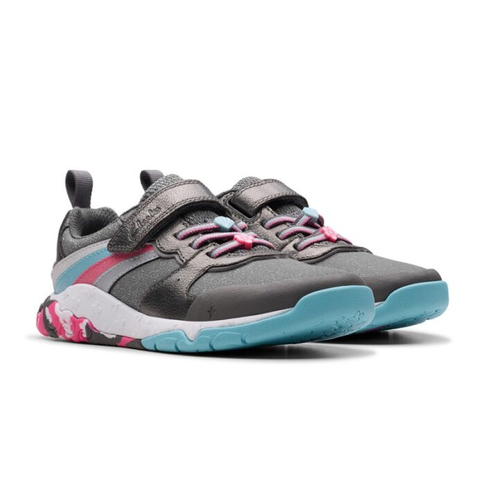 Clarks Tidal Star Kids Trainers – Gun Metal Leather – Girls Shoes - Crep Direct UK