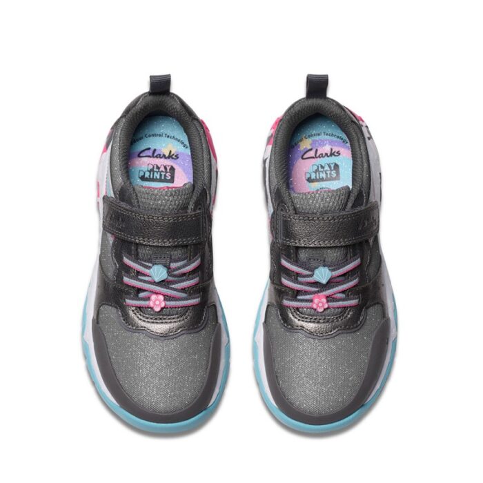 Clarks Tidal Star Kids Trainers – Gun Metal Leather – Girls Shoes - Crep Direct UK