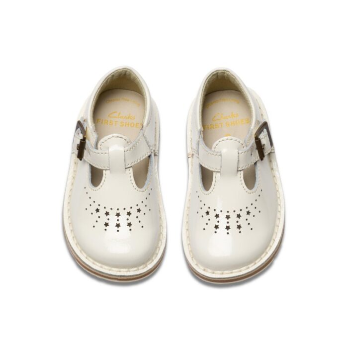 Clarks Joyful Skip Toddler Shoes – White Patent – Girls Shoes - Crep Direct UK