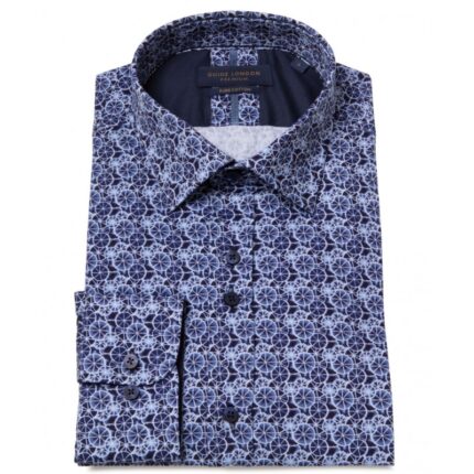 Guide London LS76941 Geometric Shirt - Navy Cotton - Mens Clothing