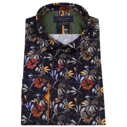 Guide London LS76982 Long Sleeve Leafy Shirt – Navy Cotton – Mens Clothing - Crep Direct UK