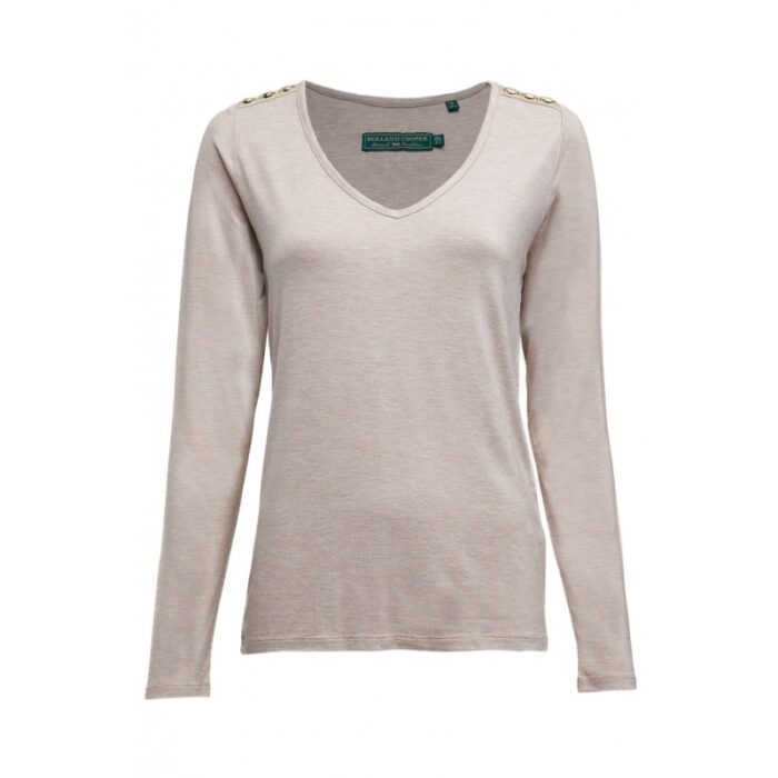 Holland Cooper Long Sleeve Vee Neck Tee – Oatmeal – Ladies Clothing - Crep Direct UK