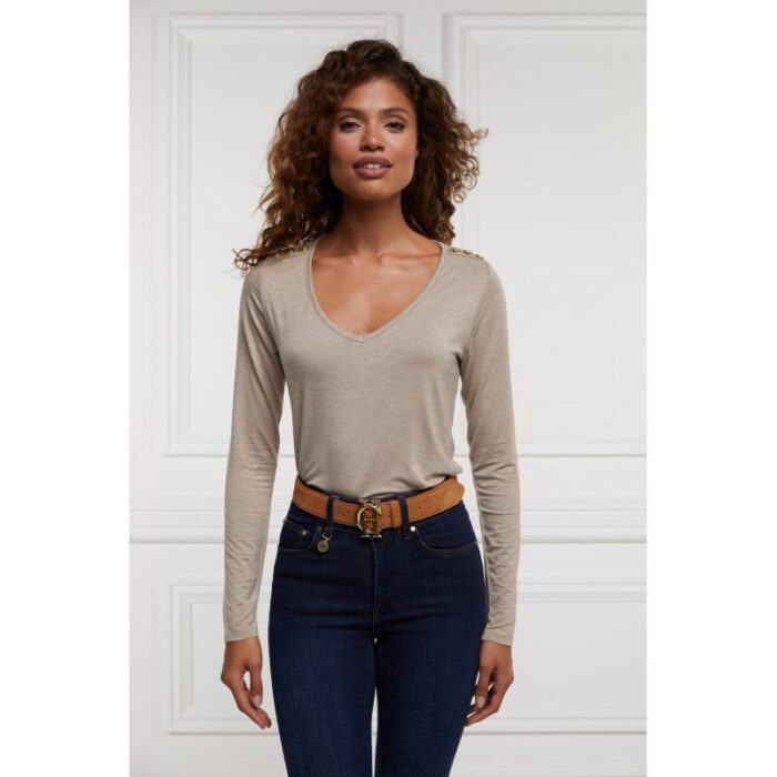 Holland Cooper Long Sleeve Vee Neck Tee – Oatmeal – Ladies Clothing - Crep Direct UK