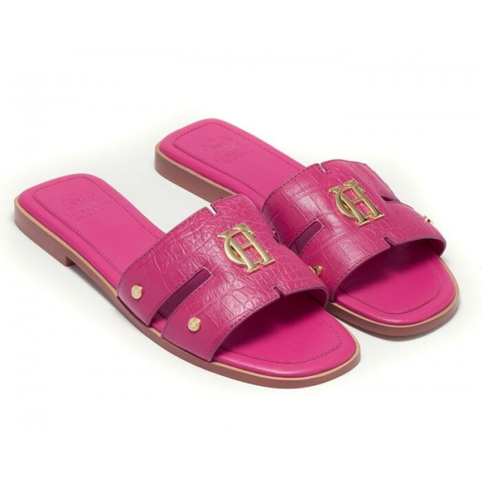 Holland Cooper Monogram Slide – Pink Croc Leather – Womens Sandals, Sliders & Toe Posts - Crep Direct UK