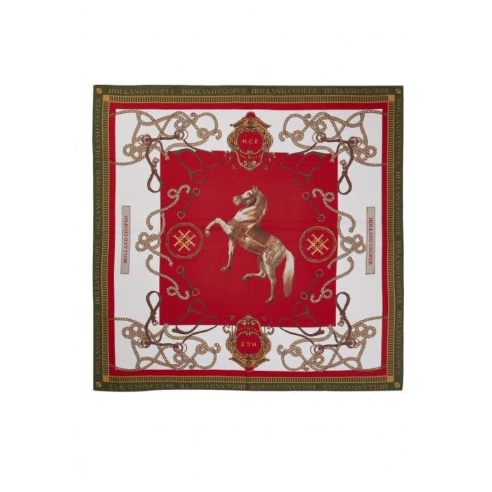 Holland Cooper Regal Horse Silk Scarf – Racing Green Heritage Red – Ladies Clothing - Crep Direct UK