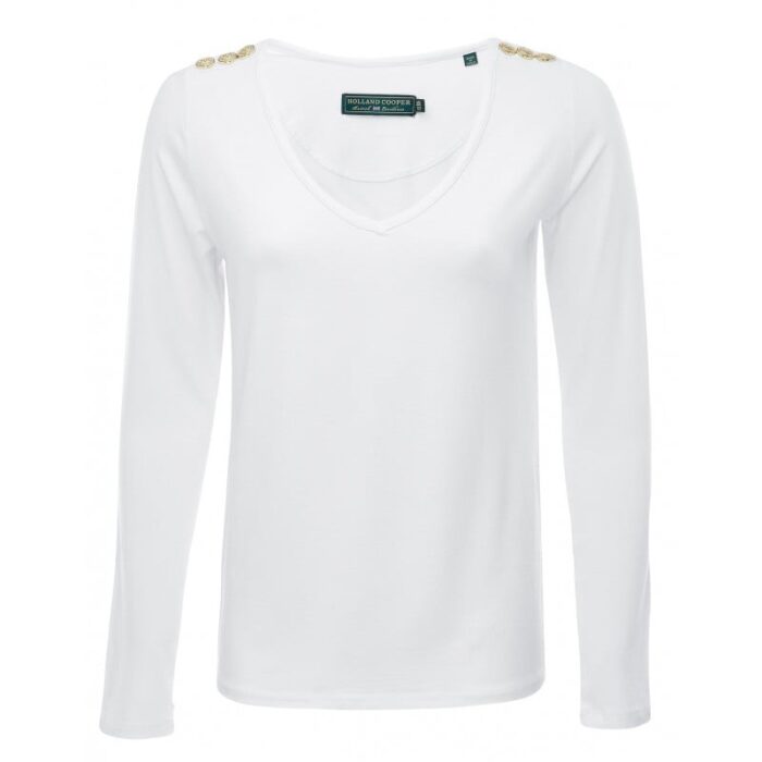 Holland Cooper Long Sleeve Vee Neck Tee – White – Ladies Clothing - Crep Direct UK