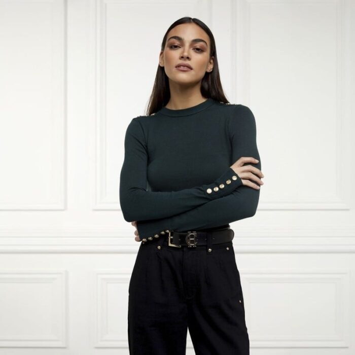Holland Cooper Buttoned Knit Crew Neck – Deep Emerald – Ladies Clothing - Crep Direct UK