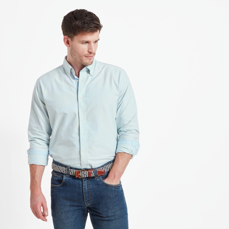 Schoffel Holt Soft Oxford Tailored Shirt 4077 – Pale Blue/Lemon Stripe Cotton – Mens Clothing - Crep Direct UK