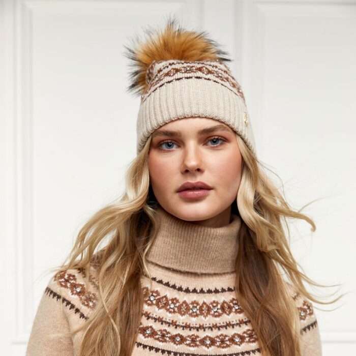 Holland Cooper Jennifer Fairisle Bobble Hat – Light Camel – Ladies Clothing - Crep Direct UK