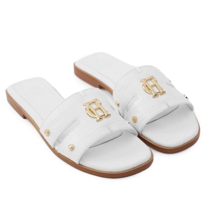 Holland Cooper Monogram Slides – White Croc Leather – Womens Sandals, Sliders & Toe Posts - Crep Direct UK