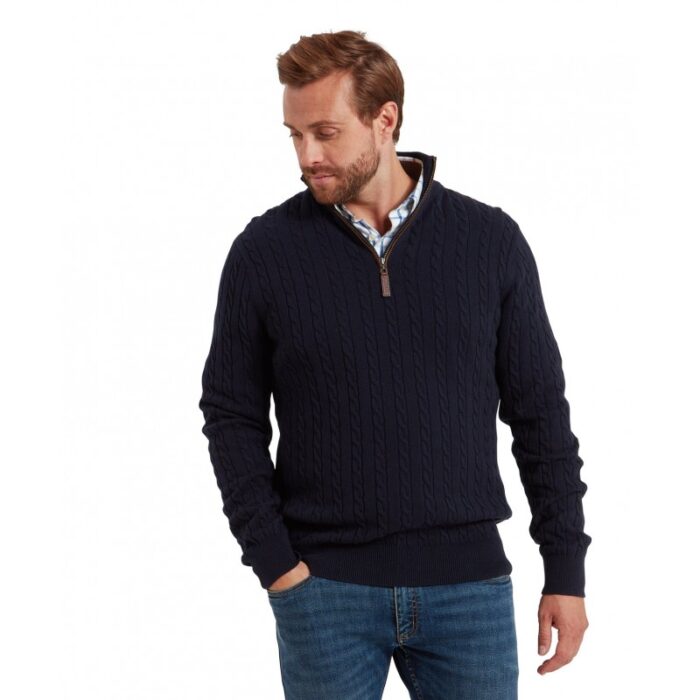 Schoffel Calton Cotton Cashmere Cable Knit 1/4 Zip Jumper 3148 – Navy – Mens Clothing - Crep Direct UK