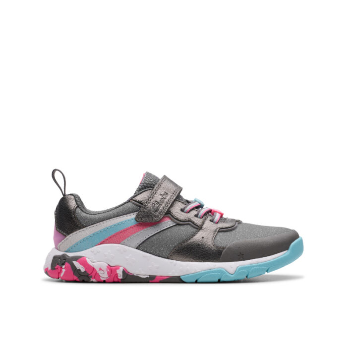 Clarks Tidal Star Kids Trainers – Gun Metal Leather – Girls Shoes - Crep Direct UK